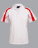 A white polo shirt with red accents and a logo, featuring short sleeves and a classic collar.