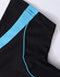 A black polo shirt featuring blue accents along the seams and a logo on the chest area.