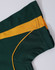 A green polo shirt with a yellow stripe, featuring a logo on the sleeve.
