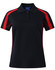 A black polo shirt with red accents, featuring short sleeves and a collar. It has a logo on the chest area.