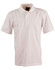 A light cream polo shirt with a collar and three buttons. It features a logo on the collar.