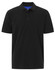 A black men's cotton stretch polo shirt featuring a classic collar and three-button placket. It has a logo on it.