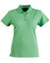 A green ladies' polo shirt featuring a collar and three buttons, with a logo on the chest.