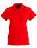 A red women's polo shirt featuring a collar, short sleeves, and a branded logo.