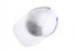 A white sport cap with a blue design on the peak, featuring a logo and a ventilated interior.