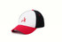 A red, white, and black sublimated sport cap with a logo on the front.