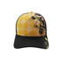 A black and yellow sublimated sport cap featuring an eye-catching design with a checkered pattern and abstract graphics.