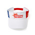 A white visor featuring red and blue stripes, with a logo on the front. Suitable for sports activities.
