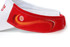 A red and white sublimation visor featuring a curved design and a logo on the band.