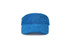A blue soft peak visor featuring a smooth fabric texture. The visor has a simple design and includes a logo.