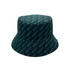 A green sublimated bucket hat with a repeating pattern and a logo present.