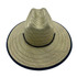 A light tan bucket hat with a wide brim and a navy trim, featuring a branding logo.
