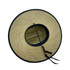 A tan bucket hat with a wide brim and a dark blue trim, featuring a logo and drawstring.