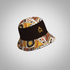 A brightly patterned sublimated bucket hat with a black band, featuring a logo on the side.