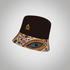 A reversible bucket hat featuring a brown top and a multicoloured patterned brim, with a logo on the front.