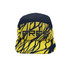 A yellow and black cap featuring an abstract design and a logo on the front, ideal for sporting activities.