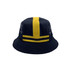 A black and yellow bucket cap with a logo, featuring a striped design and a relaxed fit.