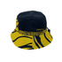 A navy and yellow bucket cap featuring an abstract design and a logo. Suitable for sporting activities.