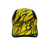 A yellow and black cap with a patterned design and a logo on the front. Features mesh panels for breathability.