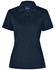 A navy blue ladies' polo shirt with a collar, short sleeves, and a button-up front. It features a logo on the chest.