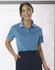 A light blue ladies' polo shirt with a collar and a logo on the chest.