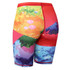 Brightly coloured women's long shorts featuring a mix of vibrant patterns in red, pink, blue, and green. Includes a logo.