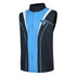 A soft shell waistcoat in black with blue and white accents, featuring a logo on the front.