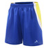 Blue training shorts with yellow and white accents, featuring a logo on the left leg.