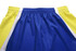 Blue training shorts with yellow and white side panels, featuring an elastic waistband and a logo.