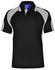A black polo shirt with grey accents and a collar. It features a logo on the chest area.