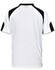 A white polo shirt with black accents and a logo on the back. Suitable for casual wear.