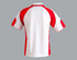 A polo shirt featuring a white body with red sleeves and accents. It has a logo on the chest area.