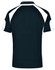 A men's polo shirt in navy with white detailing and a logo on the back.