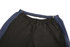 Side zip warm-up pants featuring a black body and navy side panels, with an elastic waistband.