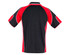 A black and red polo shirt featuring short sleeves and a decorative design on the shoulders. It has a logo.