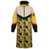 A long, multi-coloured jacket featuring a camouflage pattern in yellow, green, and black, with a hood and branding.