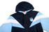 A navy blue and light blue jacket with a hood, featuring white stripes and a logo on the chest.