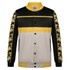 A jacket in black, yellow, and cream with patterned sleeves and a logo on the front.