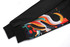 Black pants featuring a vibrant, abstract design in multiple colours along the sides and contrasting cuffs.