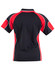 A black polo shirt with red accents and white piping, featuring a logo on the back.