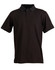 A black polo shirt with a collar and short sleeves, featuring a logo on the chest.