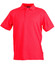 A bright red polo shirt with a collared neckline and short sleeves, featuring a logo on the chest.