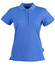 A blue ladies' polo shirt with a collar and short sleeves, featuring a logo on the side.