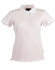 A ladies' polo shirt in white with a contrasting collar, featuring a logo.