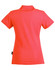 A red ladies' polo shirt featuring short sleeves and a collar, with a branding logo on the side.