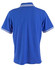 A blue polo shirt featuring contrast white trim on the collar and sleeves. Includes a logo on the front.