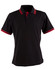 A black polo shirt featuring red stripes on the collar and sleeves, with a logo on the chest.