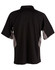 A black polo shirt with grey accents, featuring a collar and short sleeves, displaying a logo.