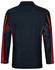 A black long sleeve polo shirt featuring red panels and mesh detailing, with a logo on it.