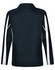 A long sleeve polo shirt in black with white panel accents and a logo. Back view showcases the design.